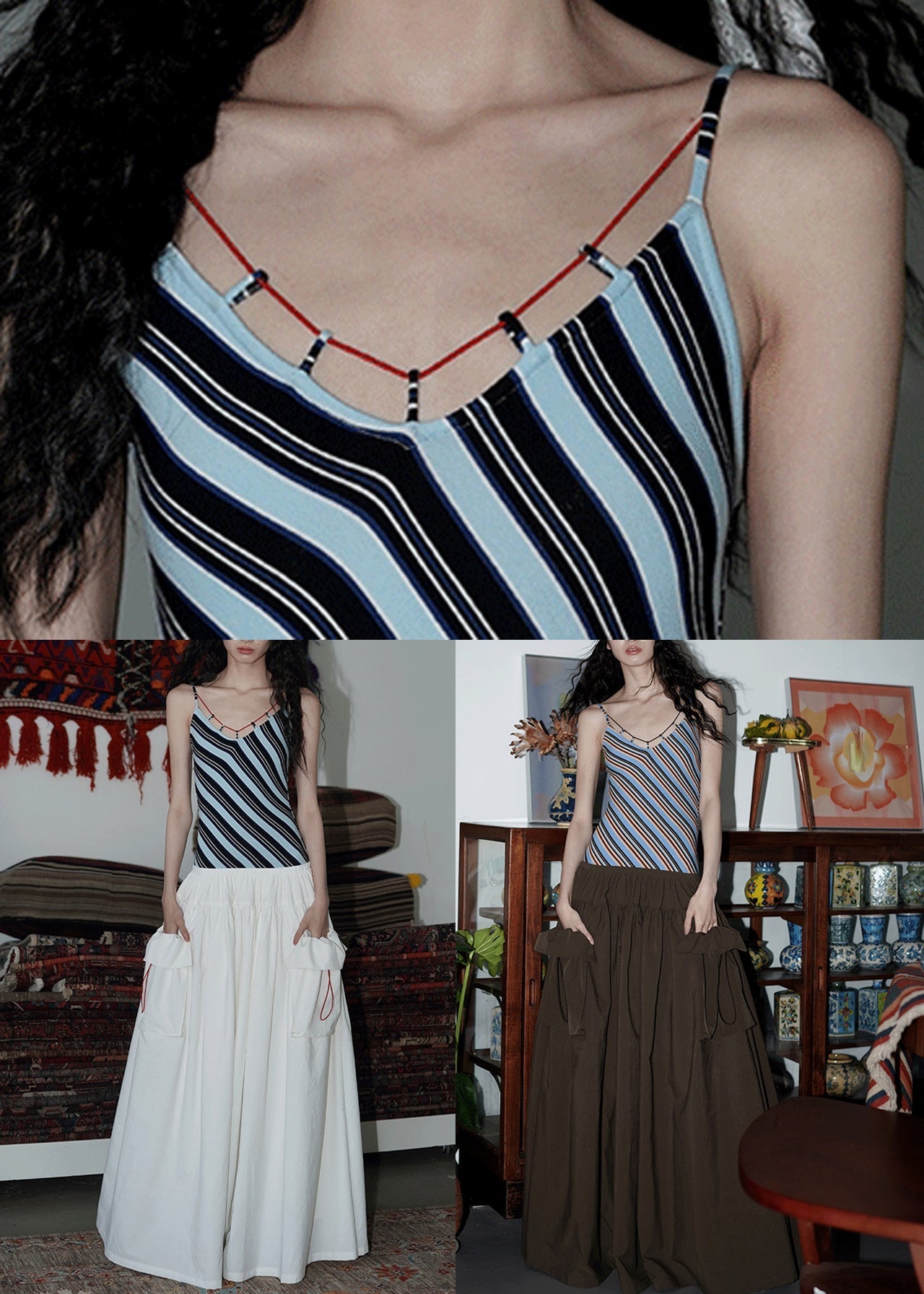 Brown Wrinkled Pockets Patchwork Cotton Sleeveless Long Dresses Striped