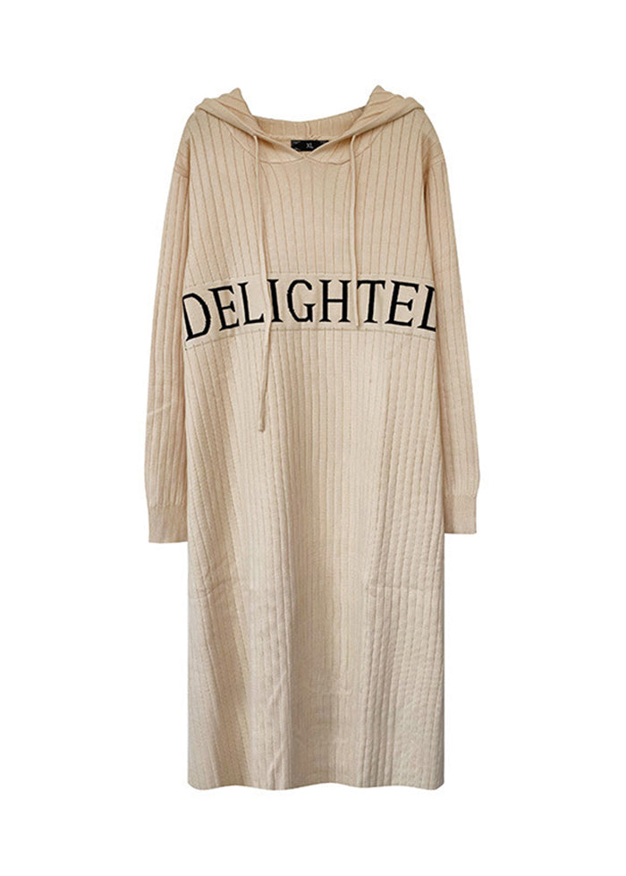 Beige Hooded Patchwork Letter Knit Sweatshirts Dress Fall