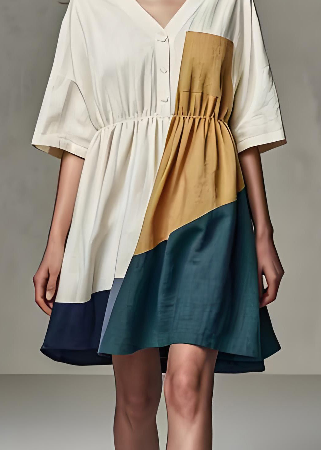 Beige V Neck Wrinkled Patchwork Linen Dress Summer