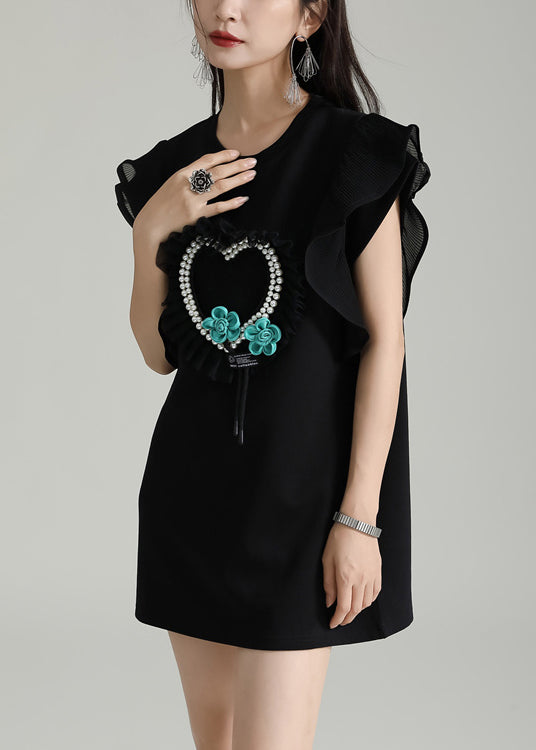 Black O Neck Nail Bead Cotton Short Dresses Butterfly Sleeve