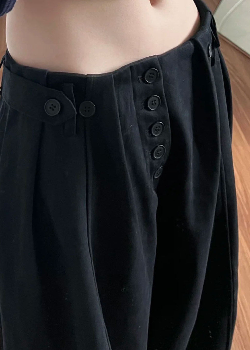 Black Pockets Button Cotton Pants Summer