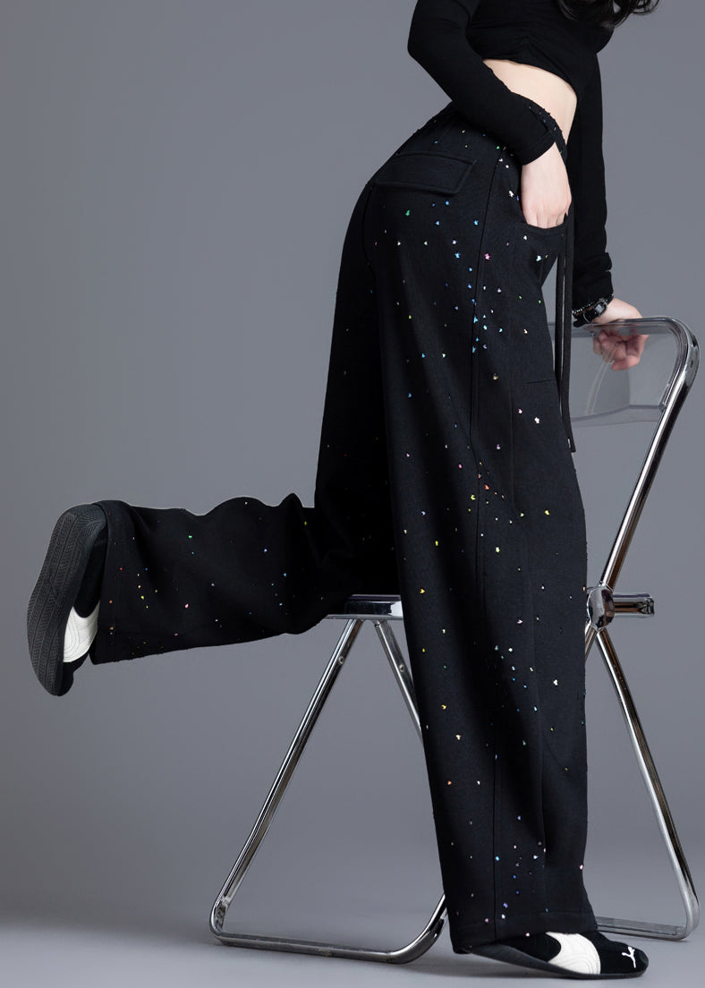 Black Pockets Print Elastic Waist Denim Pants Spring