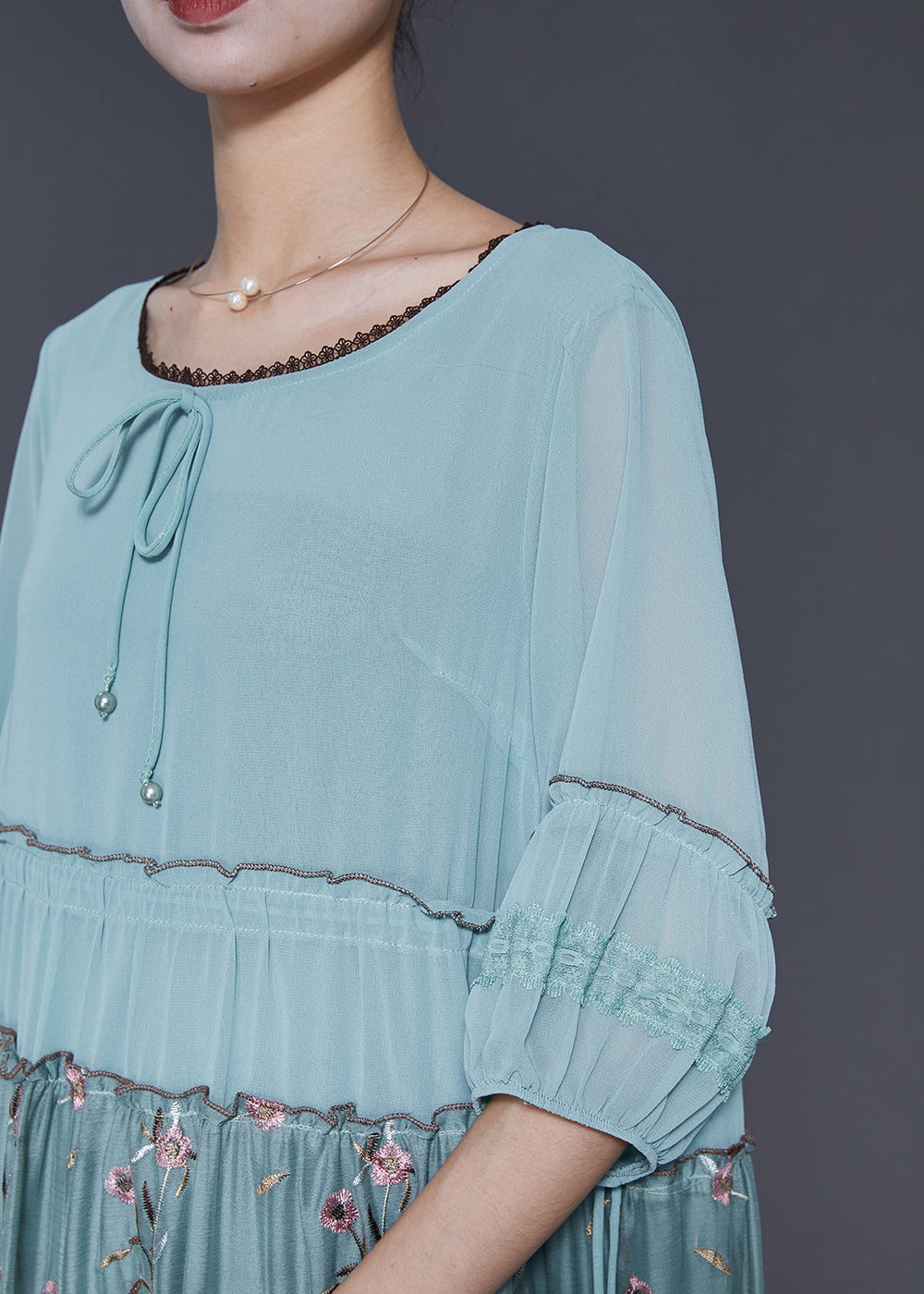 Blue Embroidered Ruffled Silk Dress Half Sleeve