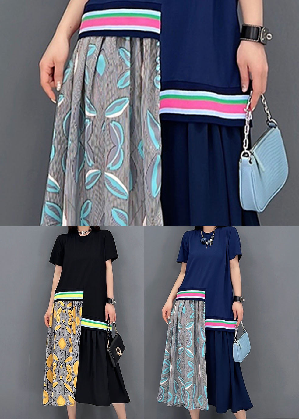 Blue O-neck Asymmetrical Design Cotton Maxi Dress Short Sleeve