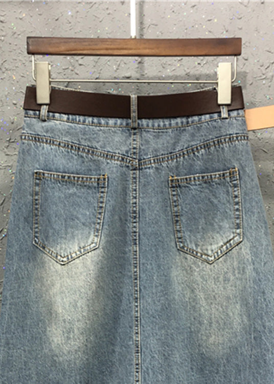 Blue Patchwork Elastic Waist Sashes Denim a Line Skirts