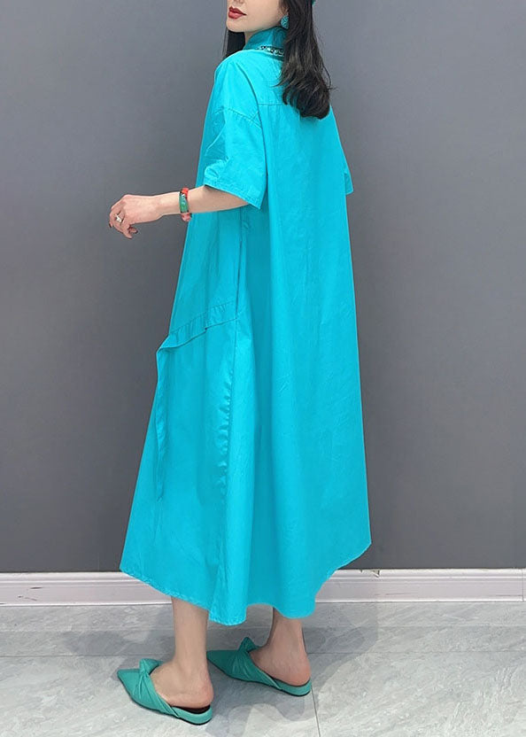 Blue Peter Pan Collar Patchwork Cotton Shirts Dress Summer