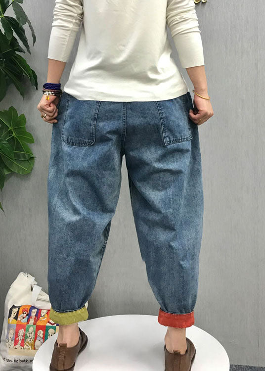 Blue Elastic Waist Pockets Denim Pants Spring