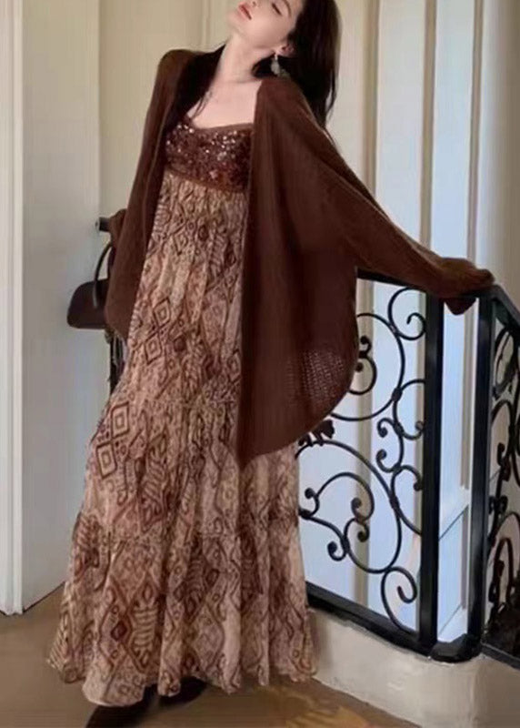 Brown V Neck Knit Cardigans and Long Spaghetti Strap Dress Two Piece Set Spring