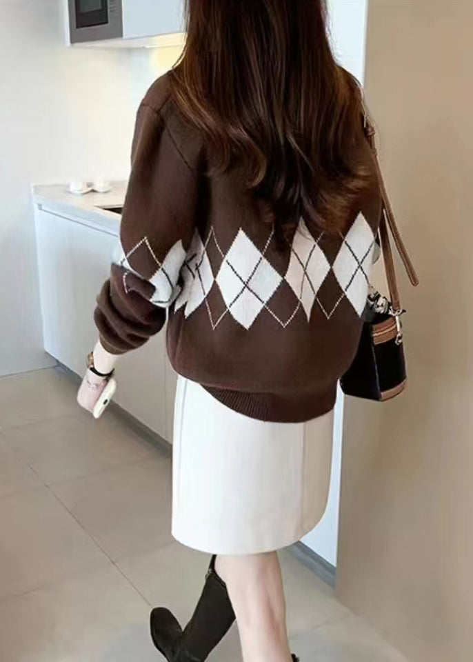 Coffee Peter Pan Collar Geometric Patchwork Knit Blouses Fall