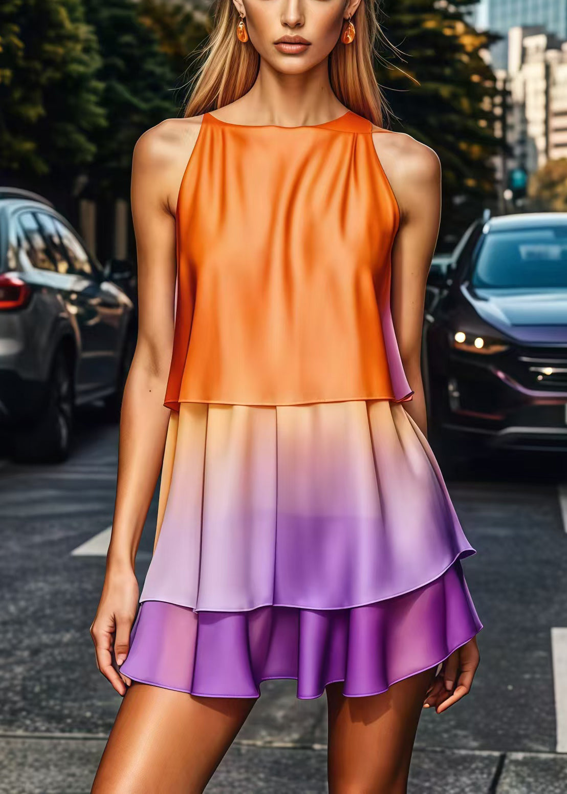 Gradient Color Silm Fit Chiffon Mini Dress Summer