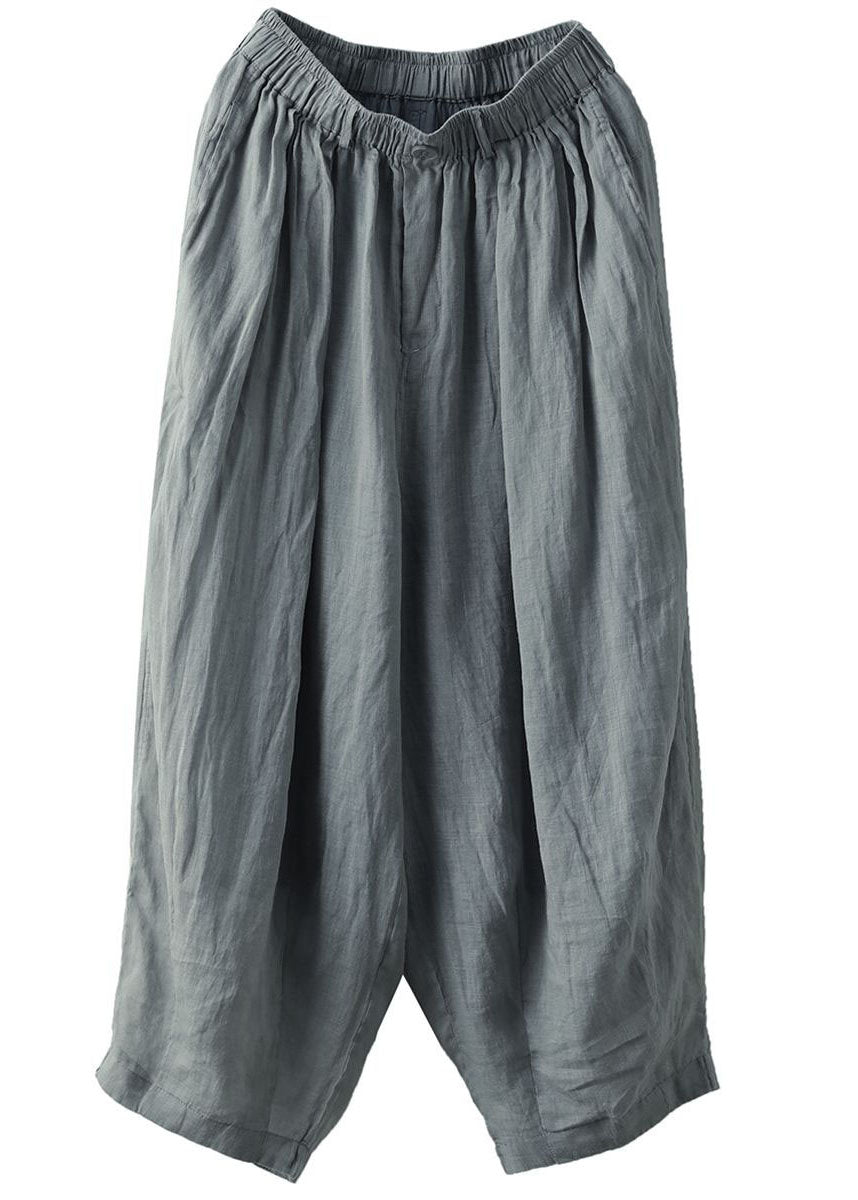 Grey Elastic Waist Pockets Patchwork Linen Lantern Pants Summer