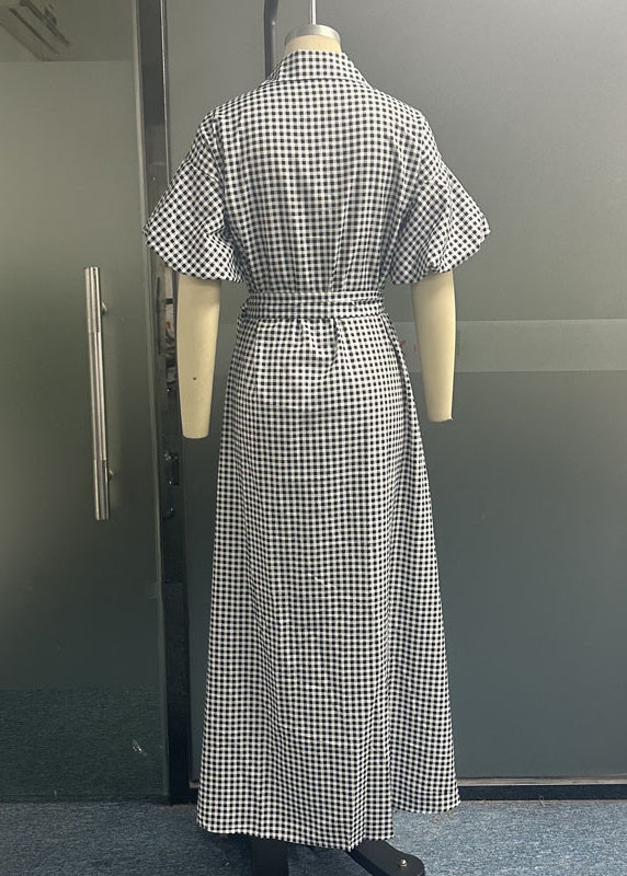 Grey Plaid Tie Waist Long Dresses Summer