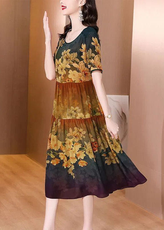 Khaki O-neck Patchwork Print Silk Long Dress Summer