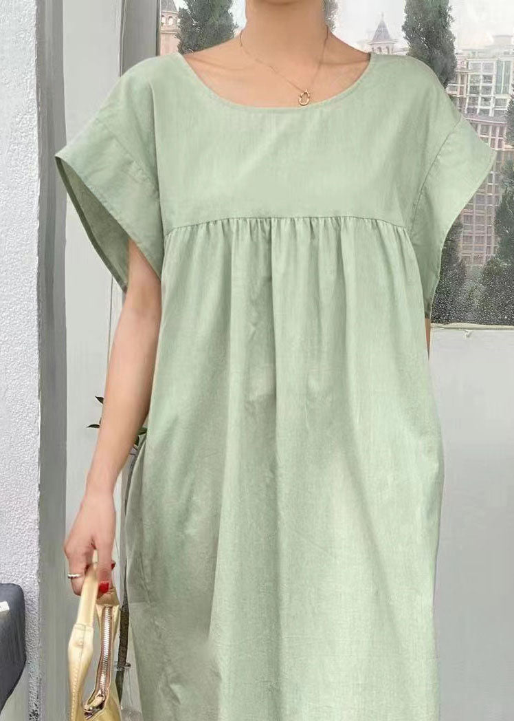 Light Green V Neck Wrinkled Patchwork Cotton Dresses Summer