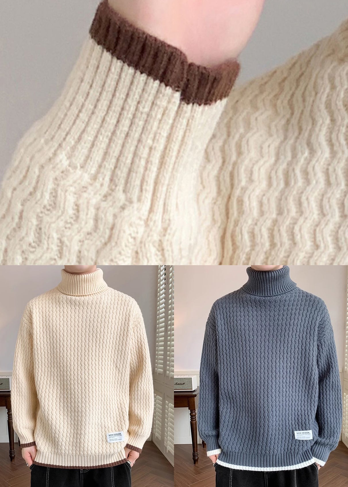 Light Khaki Striped Patchwork Knit Sweaters Winter
