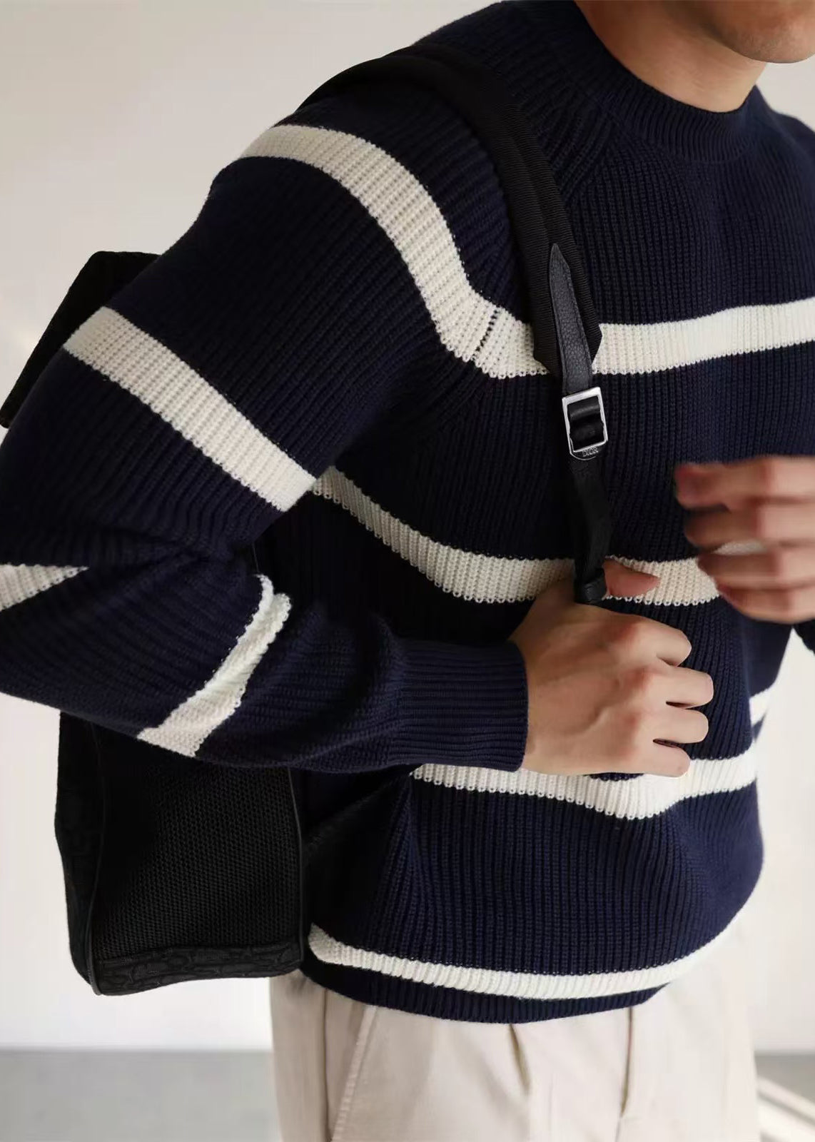Navy O Neck Striped Cozy Knit Sweaters Winter