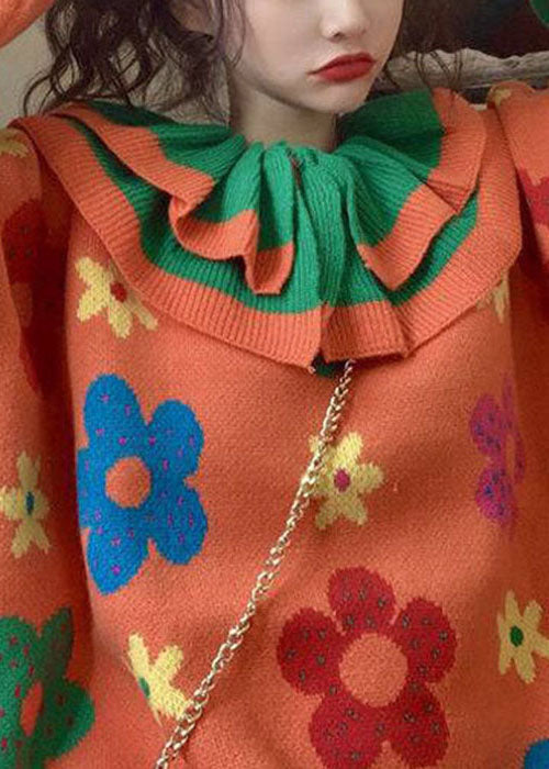 Orange Peter Pan Collar Knit Sweaters Winter