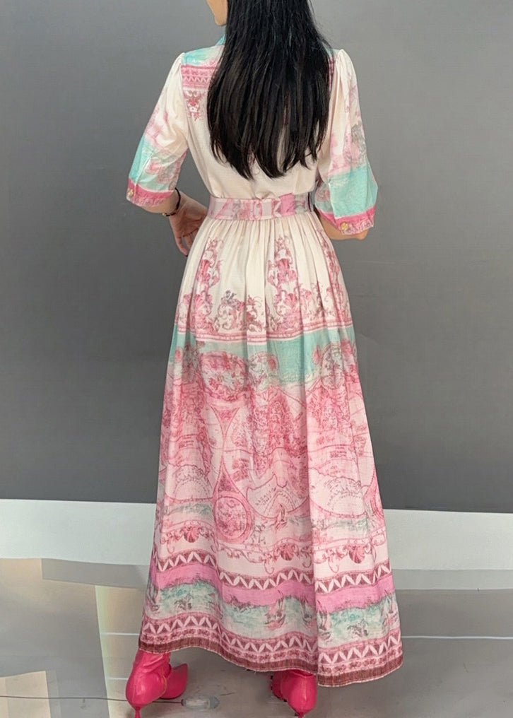 Pink Notched Print Tie Waist Long Dresses Short Sleeve