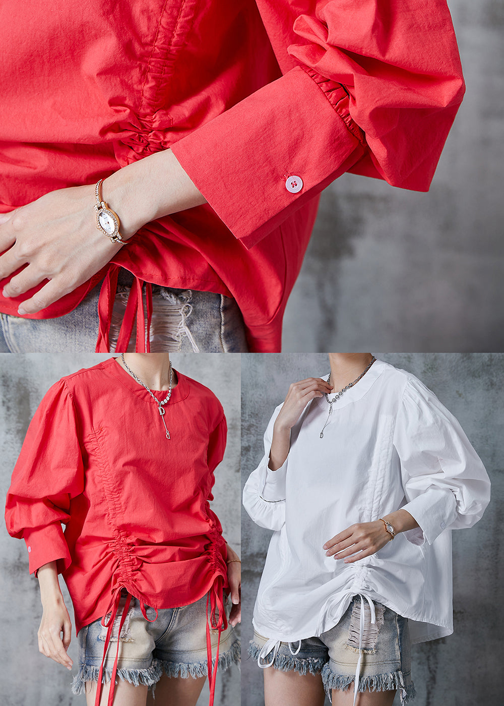 Red Cinched Cotton Sweatshirts Top Summer