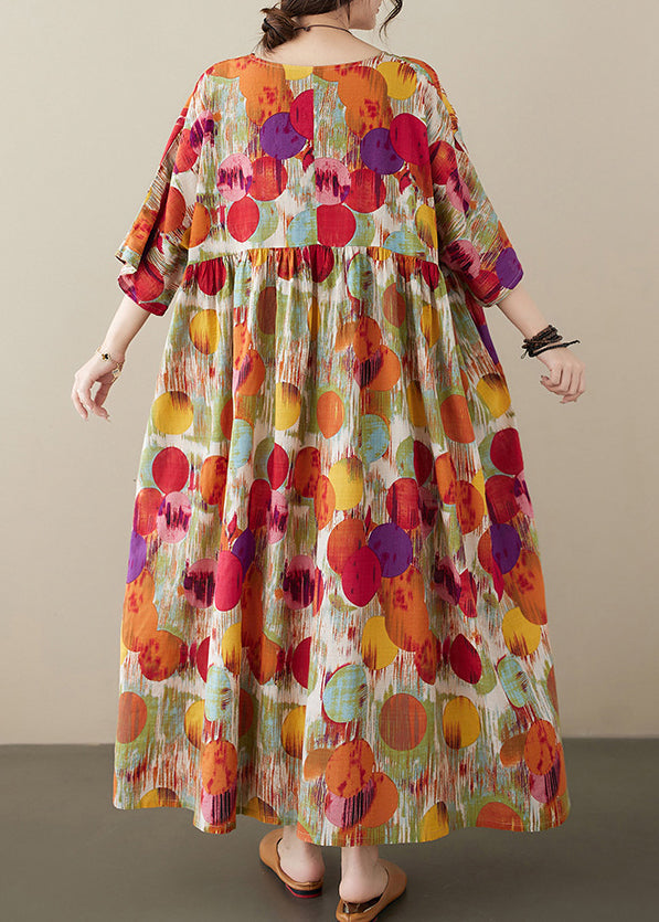 Red O-nec Print Wrinkled Maxi Dresses Half Sleeve