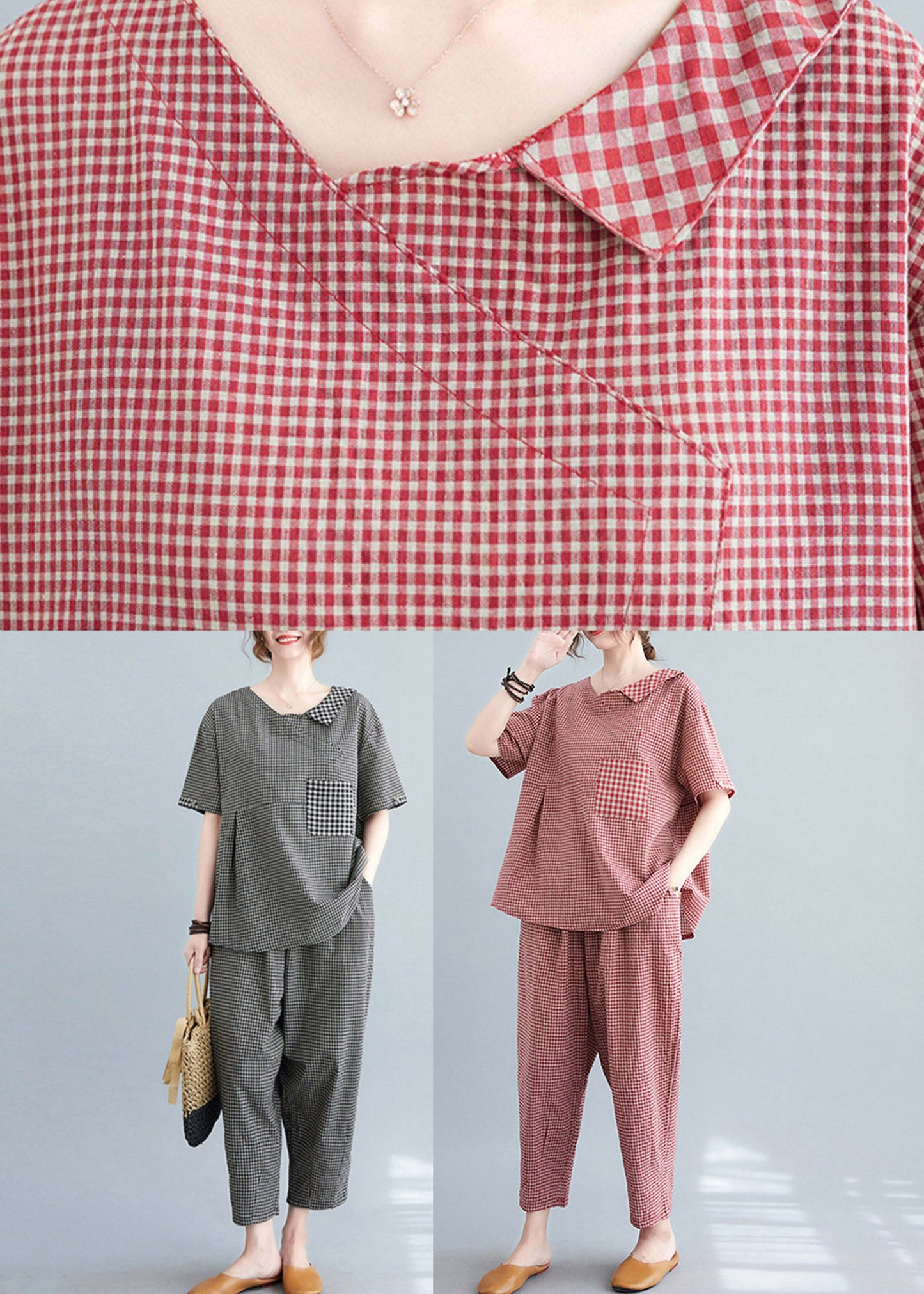 Red Plaid Asymmetrical Pockets Top and Crop Pants Two Pieces Set Summer