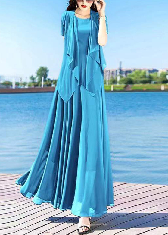 Royalblue O-neck Chiffon Cardigans and Long Dress Two Pieces Set Summer