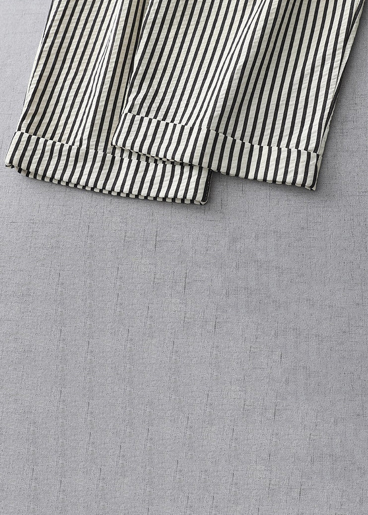 Striped Lace Up Elastic Waist Cotton Crop Pants Summer