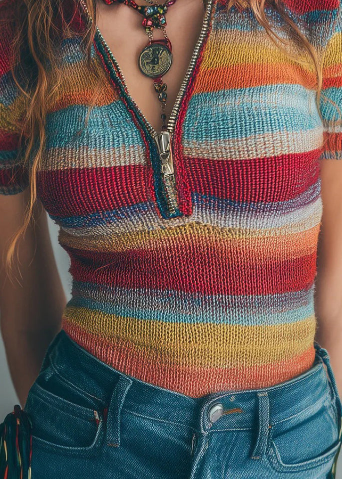 Striped Zip Up Patchwork Knit Blouses Short Sleeve