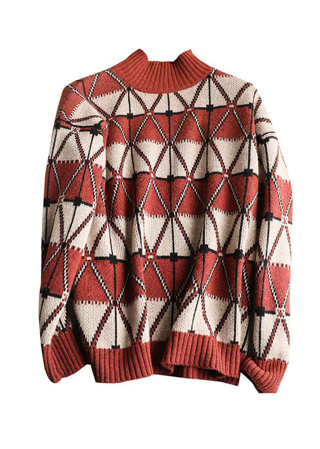 Turtleneck Plaid Patchwork Knit Sweater Long Sleeve