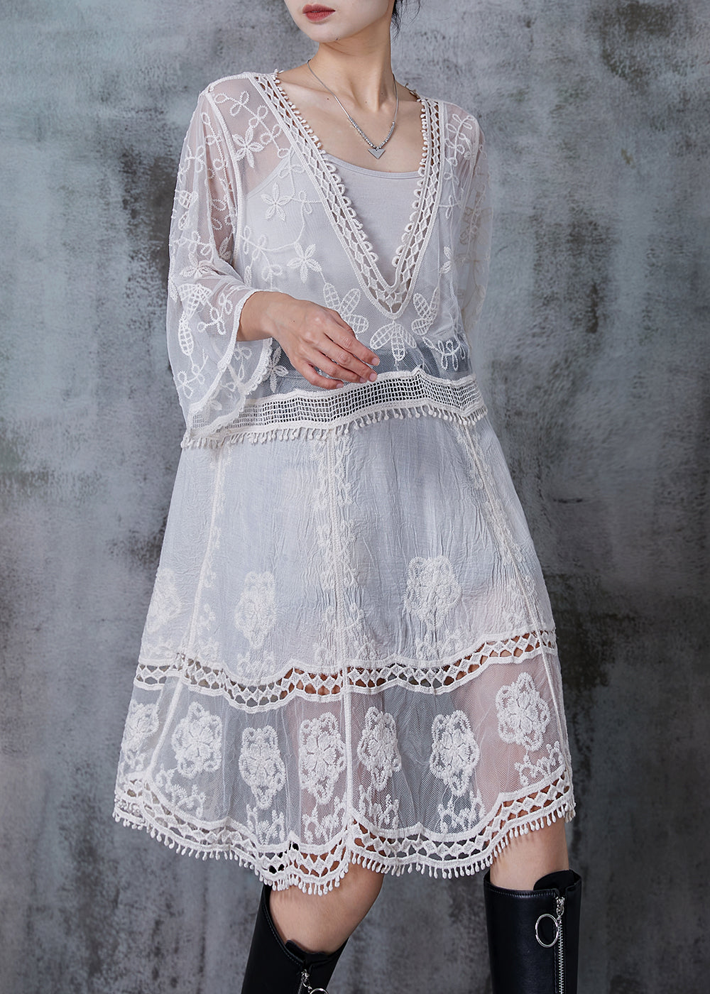 White Embroidered Patchwork Tulle Dresses Summer