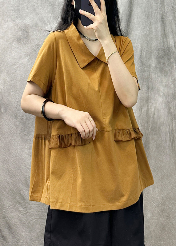 Yellow Green Square Collar Ruffled Patchwork T Shirt Summer