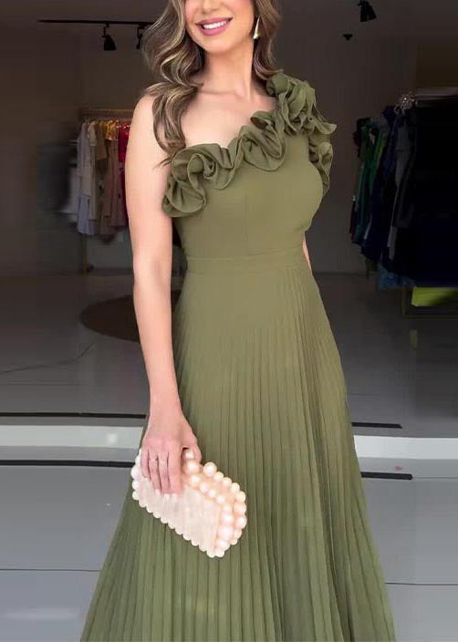 Army Green One Shoulder Pleated Dress Summer