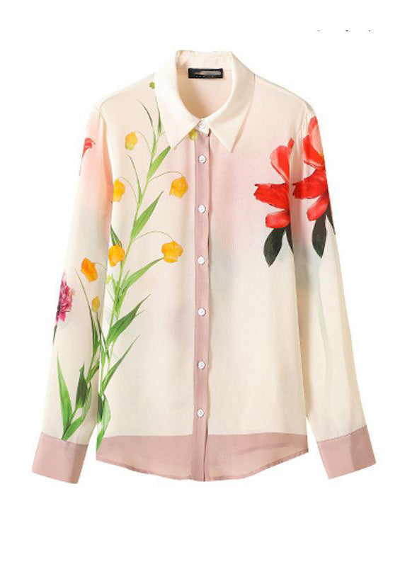 Beige Peter Pan Collar Print Button Chiffon Shirt Spring
