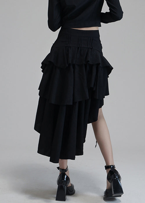 Black Asymmetrical Pockets High Waist Cotton Skirts Spring