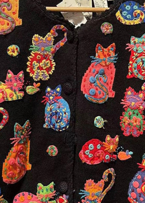 Black Cartoon Embroideried Knit Shirt Top Short Sleeve