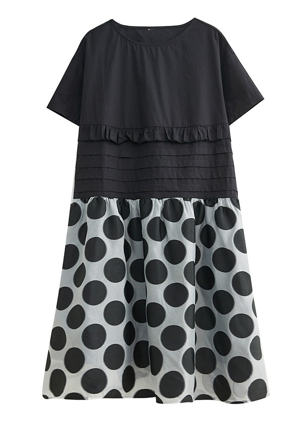 Black O-neck Ruffled Patchwork Print Dot Maxi Dress Short Sleeve