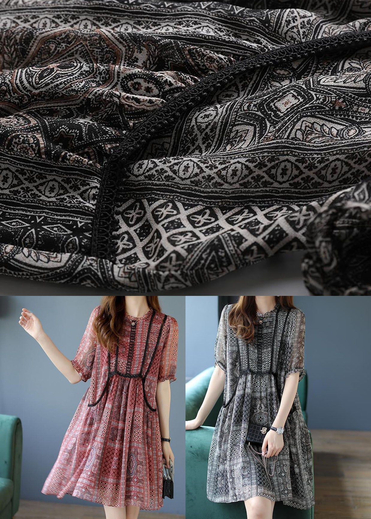 Black O-neck Ruffled Print Chiffon Party Dress Summer
