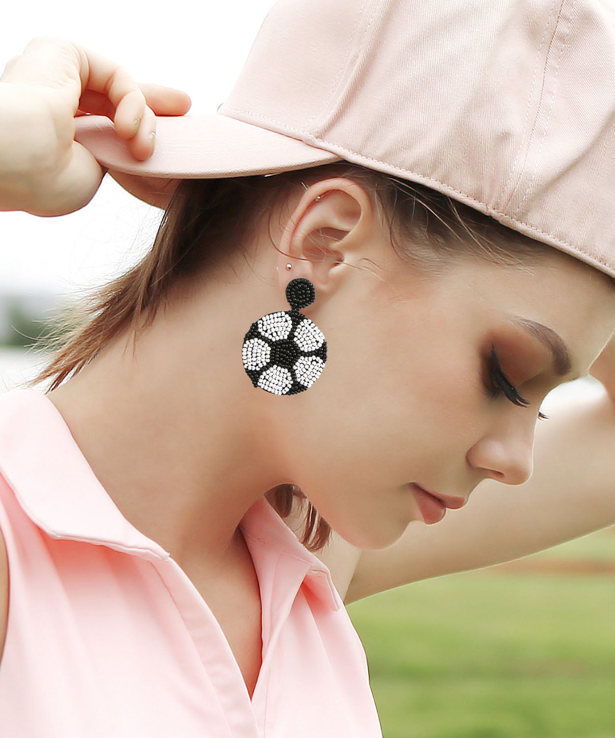 Black White Hand Knitting Rice Ball Football Stud Earrings
