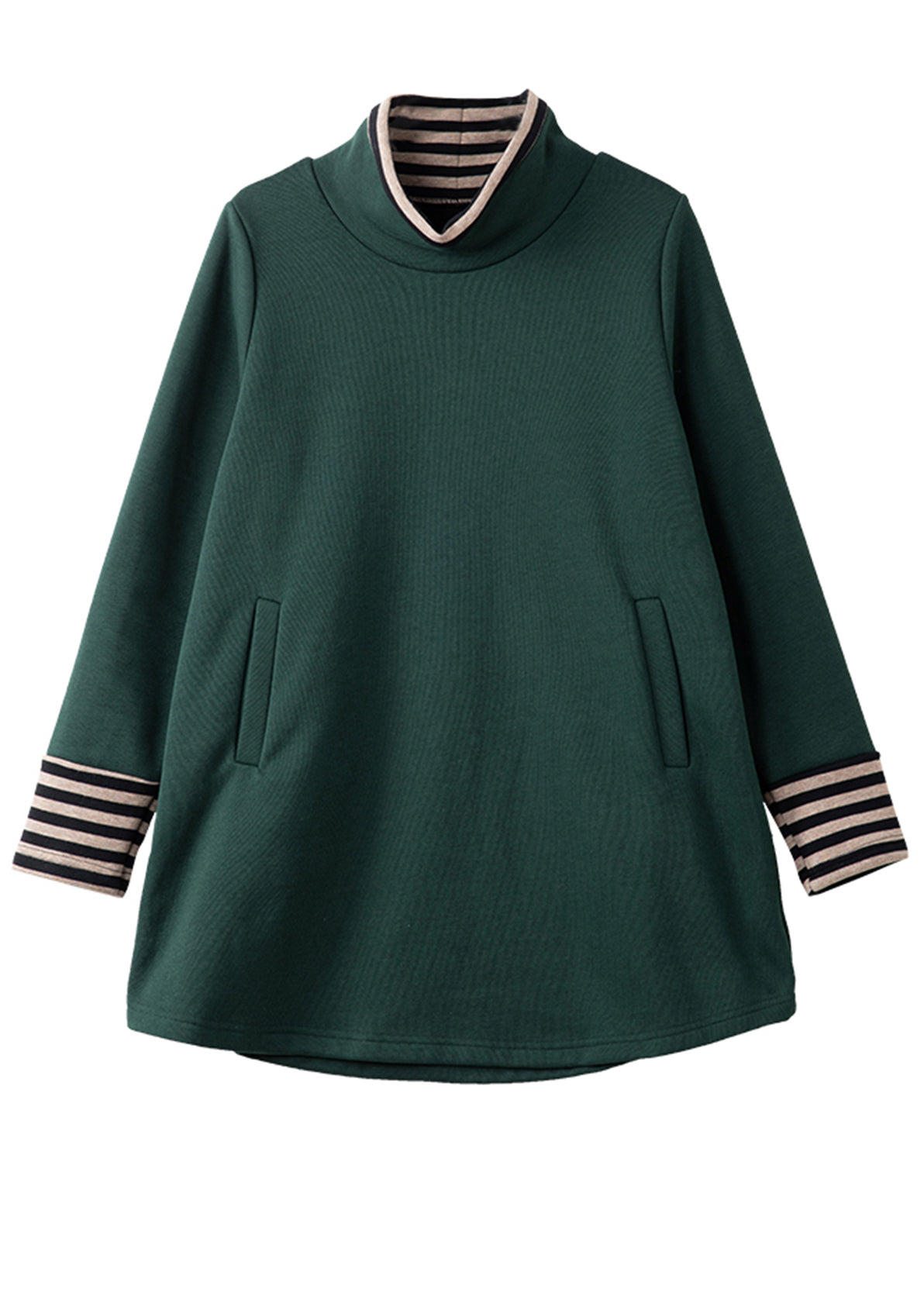 Blackish Green High Neck Patchwork Cotton Pullover Sweatshirt Spring