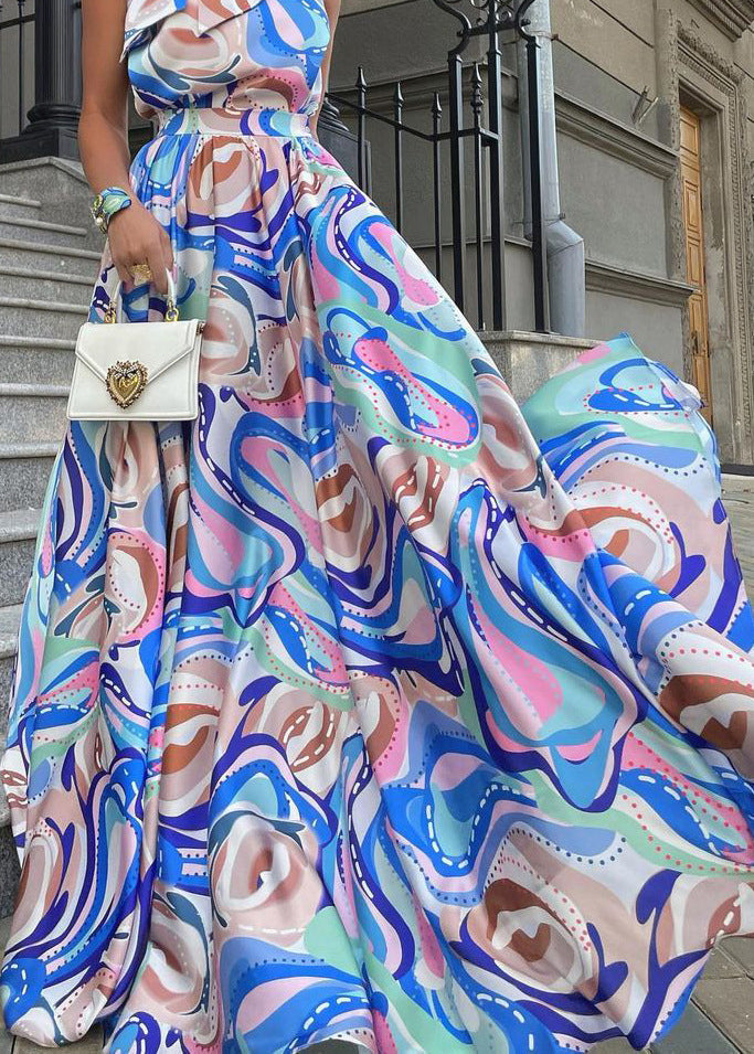 Blue Bow Print High Waist Cotton Maxi Dress Summer