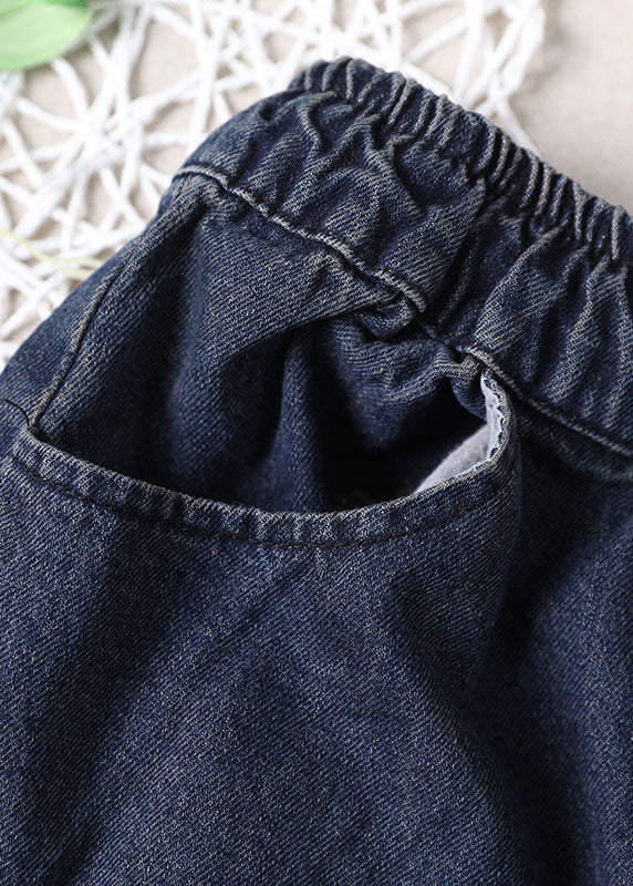 Blue Elastic Waist Pockets Harem Denim Fall Patchwork Pants