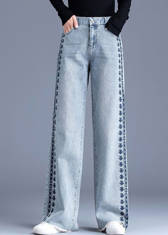 Blue Embroidered Pockets Patchwork Denim Pants Spring