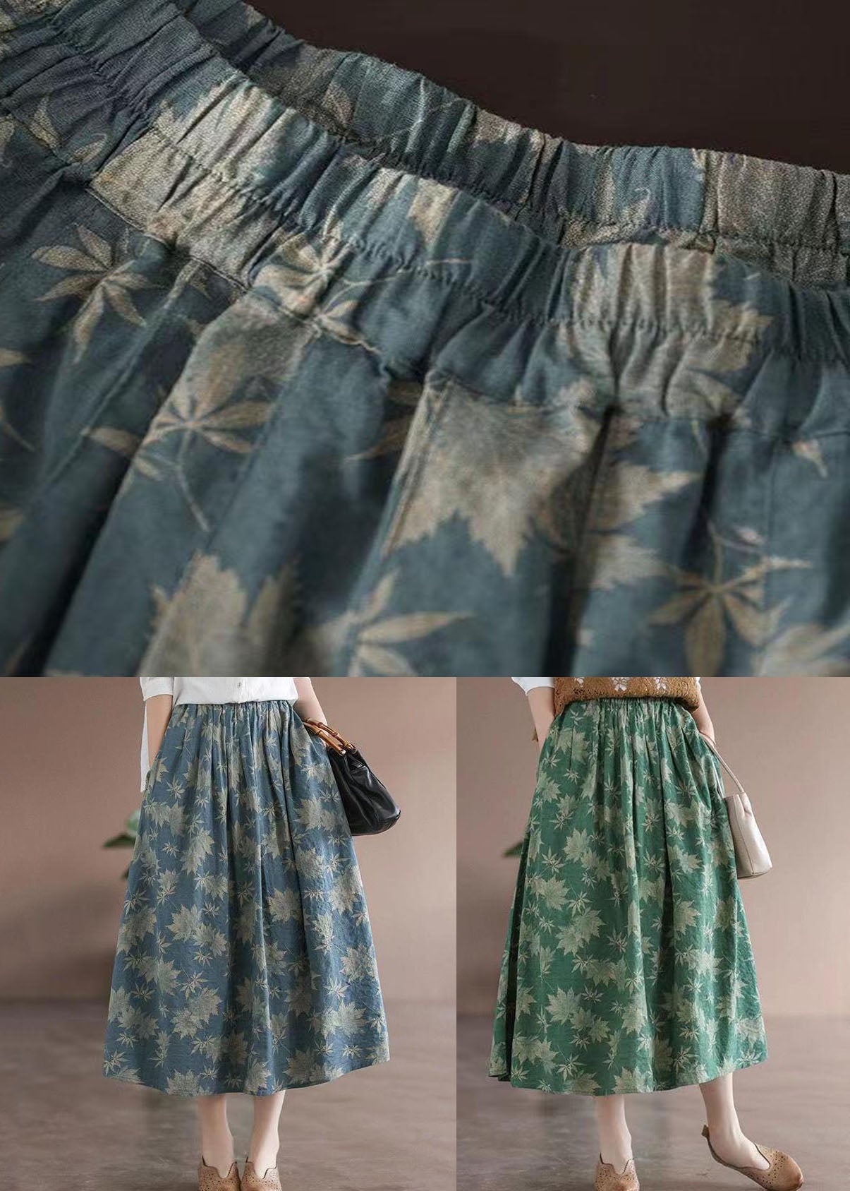 Blue Wrinkled Elastic Waist Patchwork Cotton Skirts Summer