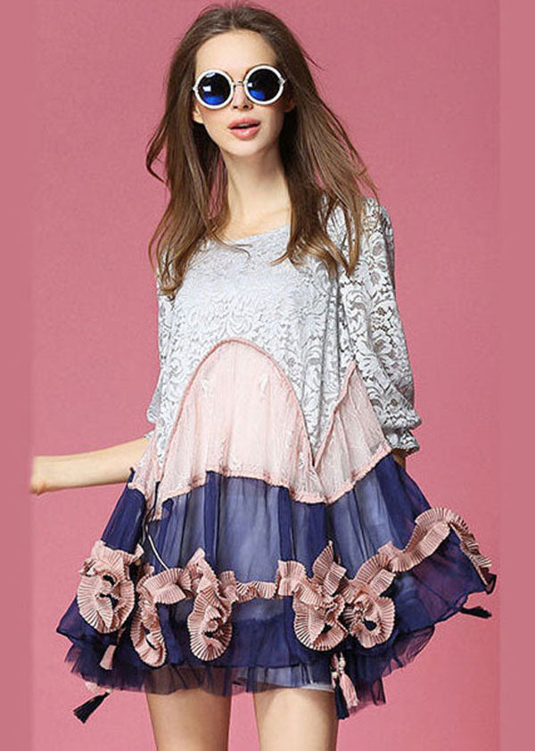 Colorblock Asymmetrical Design Patchwork Lace Vacation Dress Half Sleeve