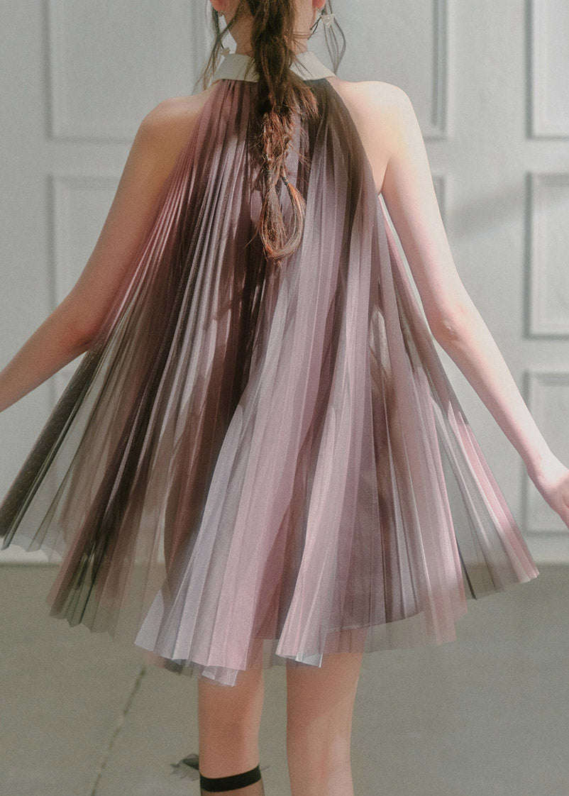 Dark Pink Peter Pan Collar Patchwork Silk Mid Dresses Sleeveless