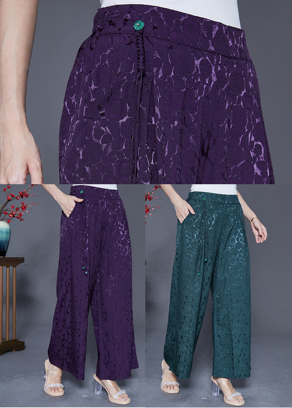 Dark Purple Elastic Waist Jacquard Silk Pants Summer