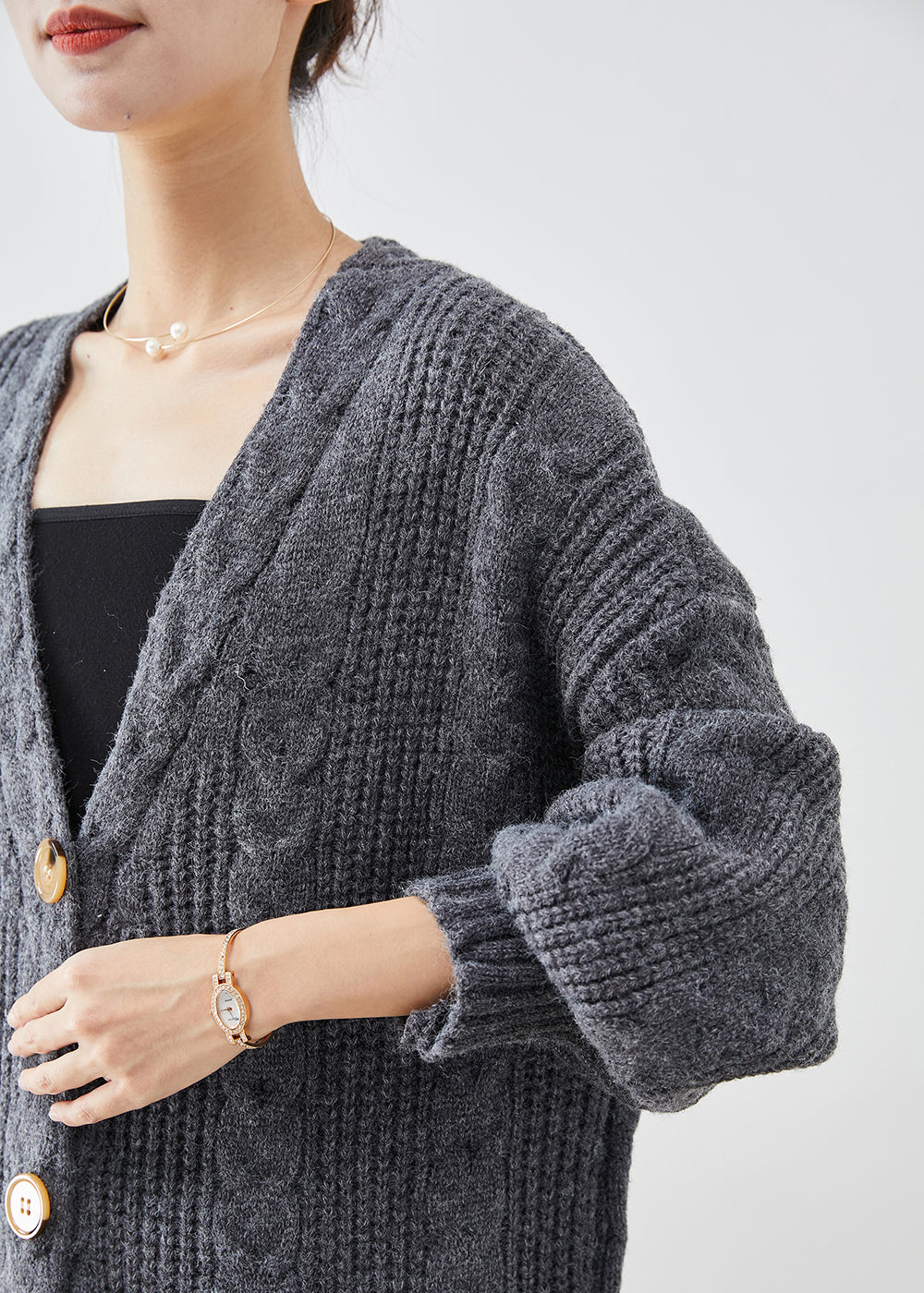 Dull Grey V Neck Button Thick Cable Knit Long Cardigans Fall