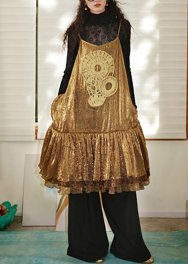 Gold Wrinkled Original Design Spaghetti Strap Dress Sleeveless