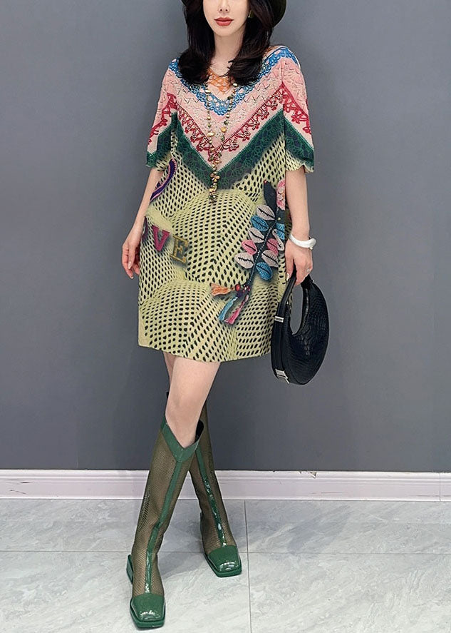 Green O Neck Print Patchwork Cotton Mid Dresses Summer