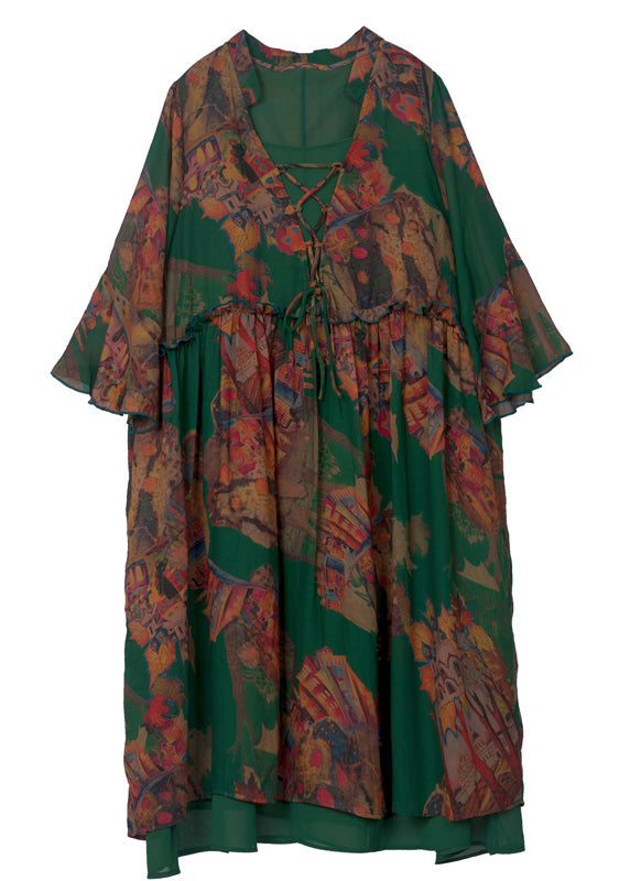 Green Print Ruffled Cross Strap Chiffon Dress Flare Sleeve